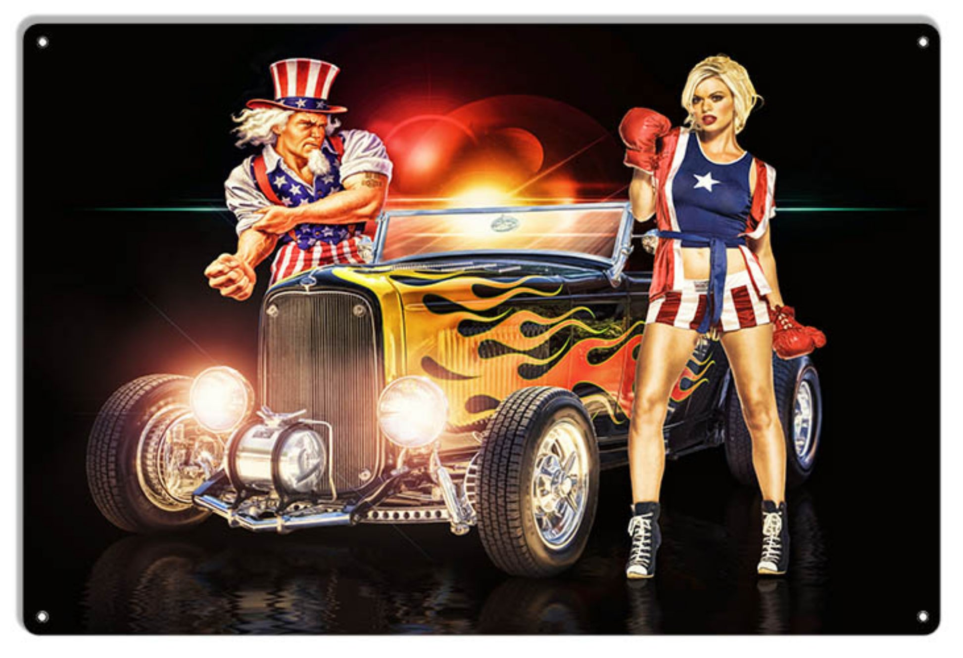 American Icon 1934 Ford Roadster metal sign by Bob Kramer featuring Uncle Sam, a patriotic pin-up, and a flaming yellow classic hot rod.