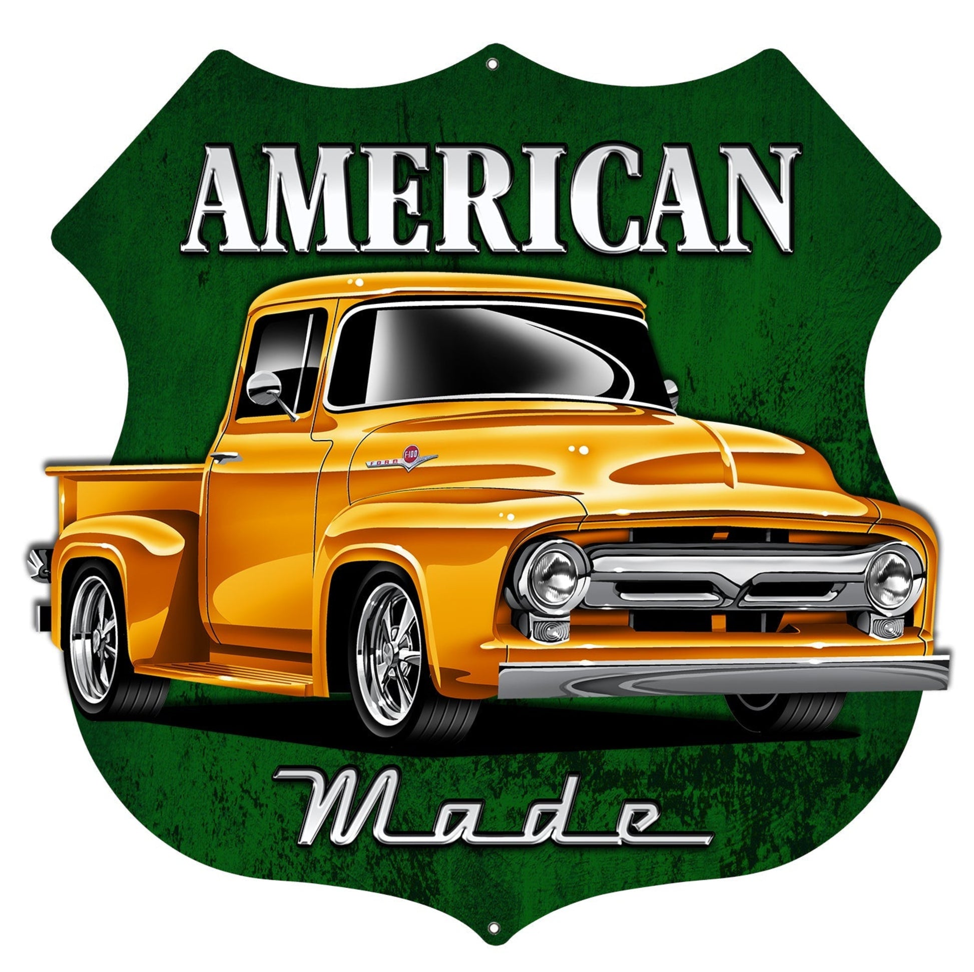 "American Made" Vintage Truck Cut Out 3D Metal Garage Sign – Raised Yellow Pickup Truck on Green Shield Background