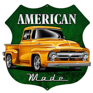 "American Made" Vintage Truck Cut Out 3D Metal Garage Sign – Raised Yellow Pickup Truck on Green Shield Background