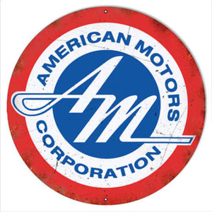 Vintage American Motors Corporation Aged Garage Sign, round aluminum sign featuring a distressed design, available in sizes 14”, 18”, 24”, and 30” for garage or man cave decor.