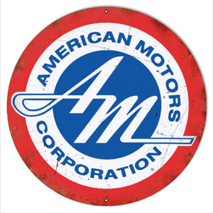 Vintage American Motors Corporation Aged Garage Sign, round aluminum sign featuring a distressed design, available in sizes 14”, 18”, 24”, and 30” for garage or man cave decor.