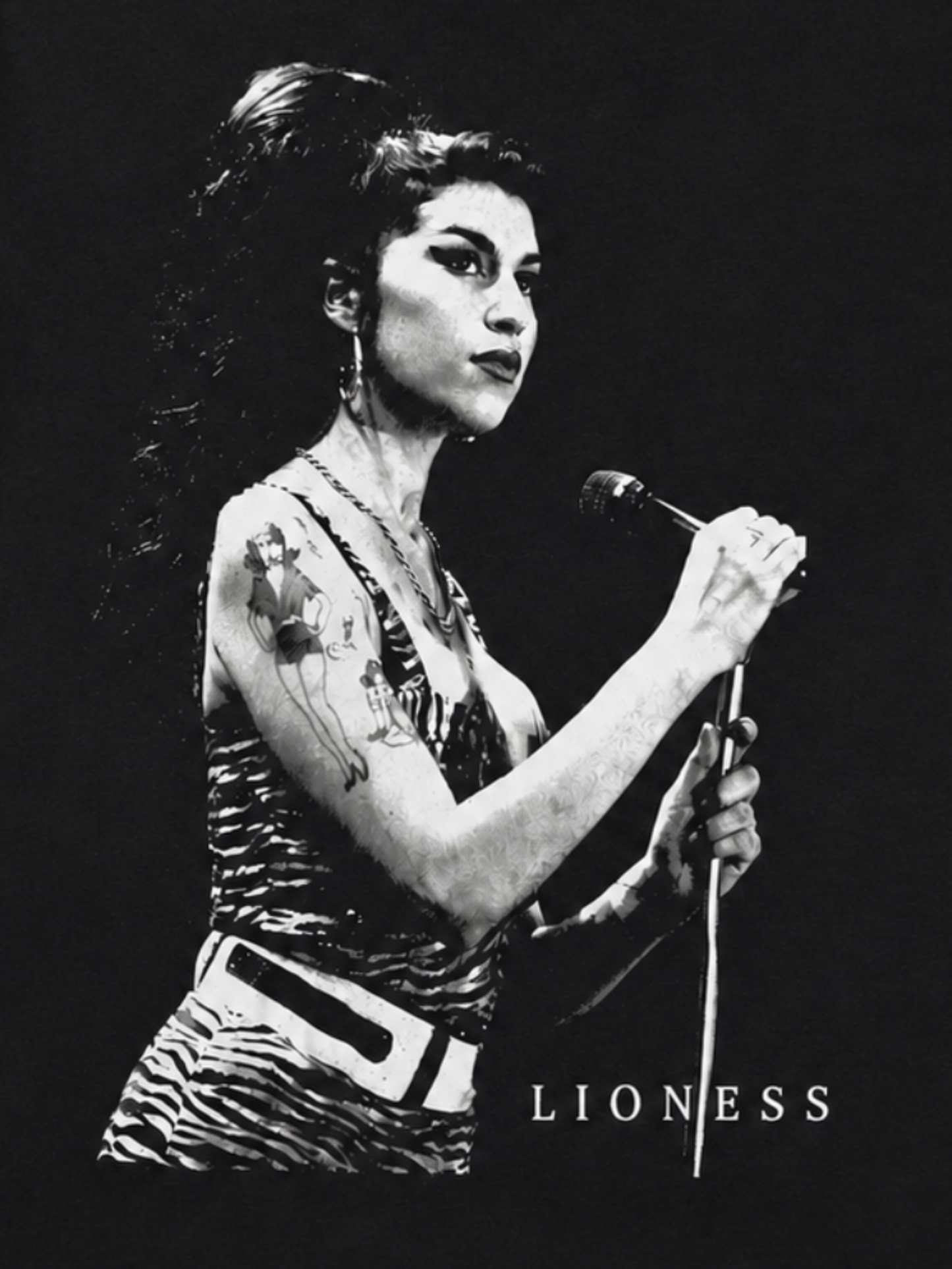 Amy Winehouse Lioness black and white portrait graphic T-shirt on black shirt unisex sizes S–2XL