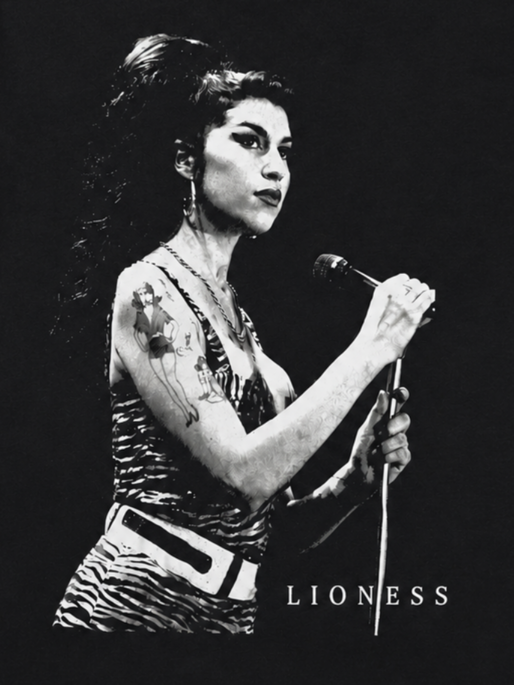 Amy Winehouse Lioness black and white portrait graphic T-shirt on black shirt unisex sizes S–2XL