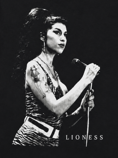 Amy Winehouse Lioness black and white portrait graphic T-shirt on black shirt unisex sizes S–2XL
