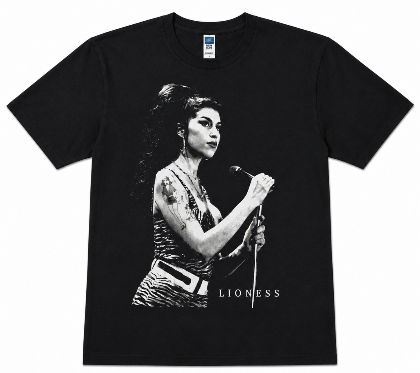 Amy Winehouse Lioness black and white portrait graphic T-shirt on black shirt unisex sizes S–2XL