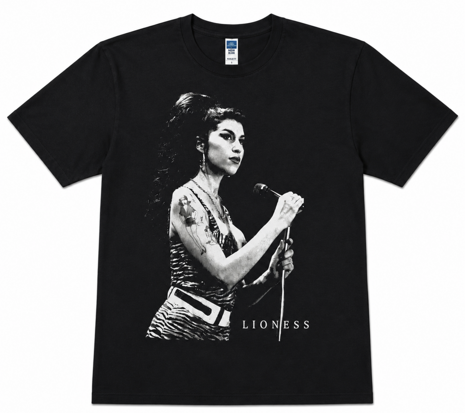 Amy Winehouse Lioness black and white portrait graphic T-shirt on black shirt unisex sizes S–2XL