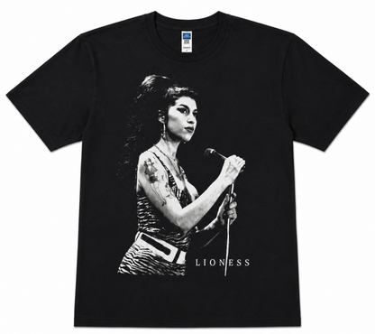 Amy Winehouse Lioness black and white portrait graphic T-shirt on black shirt unisex sizes S–2XL