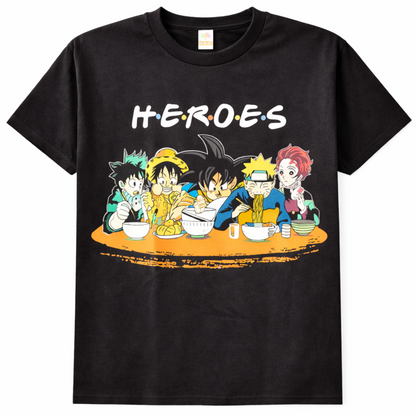 Black Anime Heroes graphic T-shirt featuring Deku, Luffy, Goku, Naruto and Tanjiro eating together beneath the colorful HEROES lettering.
