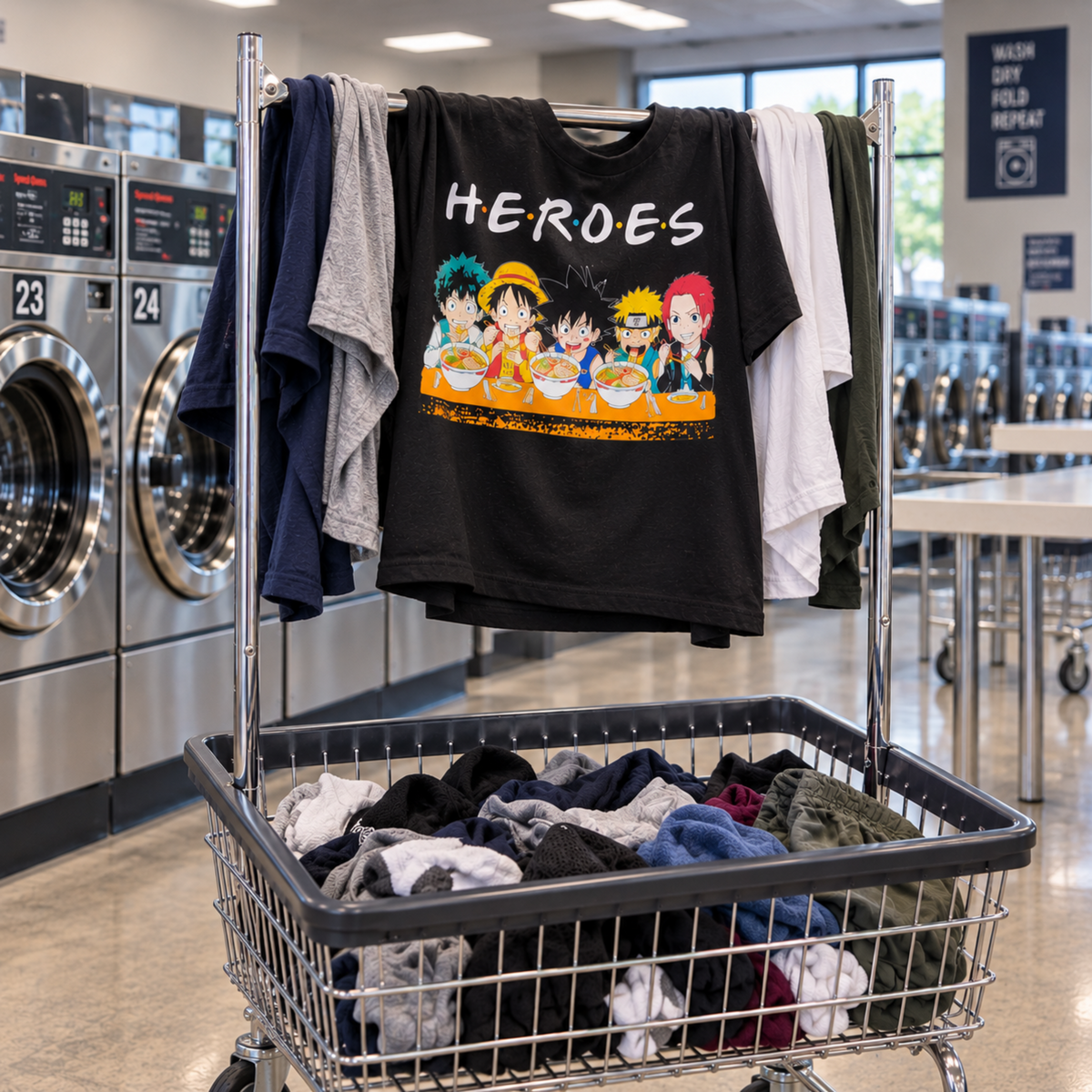 Anime Heroes black graphic T-shirt draped over a laundry cart at a laundromat, featuring Deku, Luffy, Goku, Naruto and Tanjiro in the crossover design.