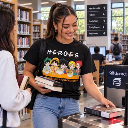Woman wearing the Anime Heroes black graphic T-shirt at a bookstore self-checkout, featuring Deku, Luffy, Goku, Naruto and Tanjiro sharing a meal.