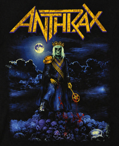 Anthrax Among the Kings skeleton graphic T-shirt with skull pile and moonlit metal design unisex sizes S–3XL