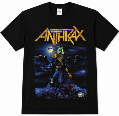 Anthrax Among the Kings skeleton graphic T-shirt with skull pile and moonlit metal design unisex sizes S–3XL