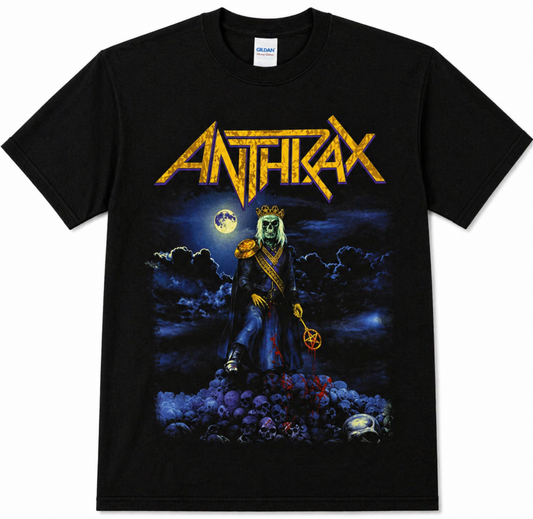 Anthrax Among the Kings skeleton graphic T-shirt with skull pile and moonlit metal design unisex sizes S–3XL