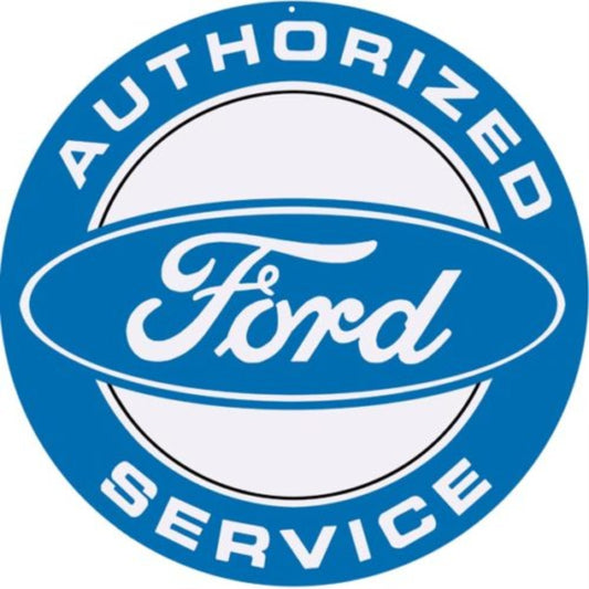 "Authorized Ford Service" laser-cut metal sign featuring the iconic Ford logo at its center. Crafted from durable metal, it includes eyelets for easy mounting, making it perfect for garage or workshop decor.