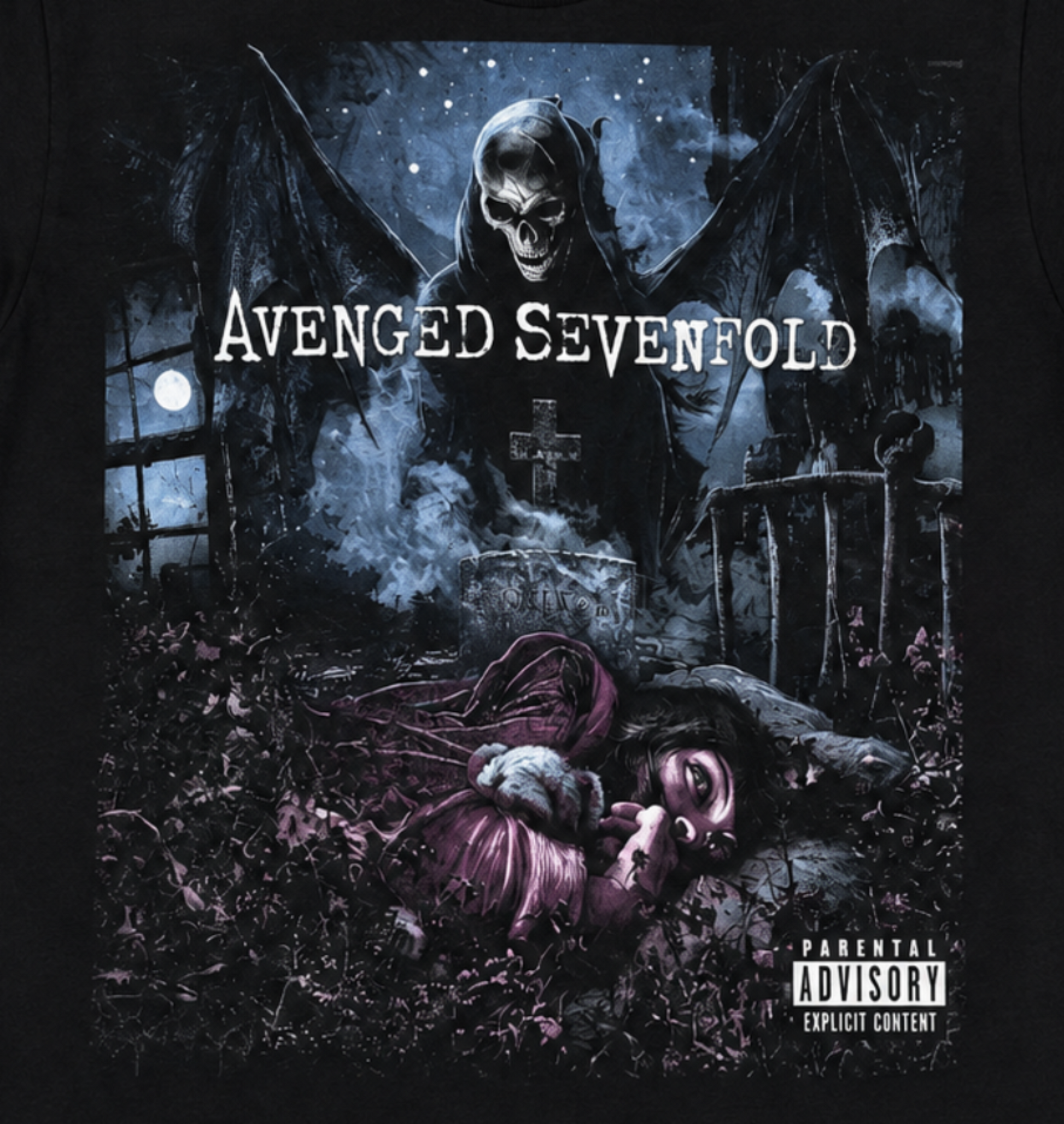 Close-up of Avenged Sevenfold Nightmare artwork with the winged reaper, graveyard, and dark blue gothic imagery—a striking design for A7X and heavy metal fans.