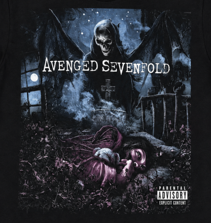Close-up of Avenged Sevenfold Nightmare artwork with the winged reaper, graveyard, and dark blue gothic imagery—a striking design for A7X and heavy metal fans.