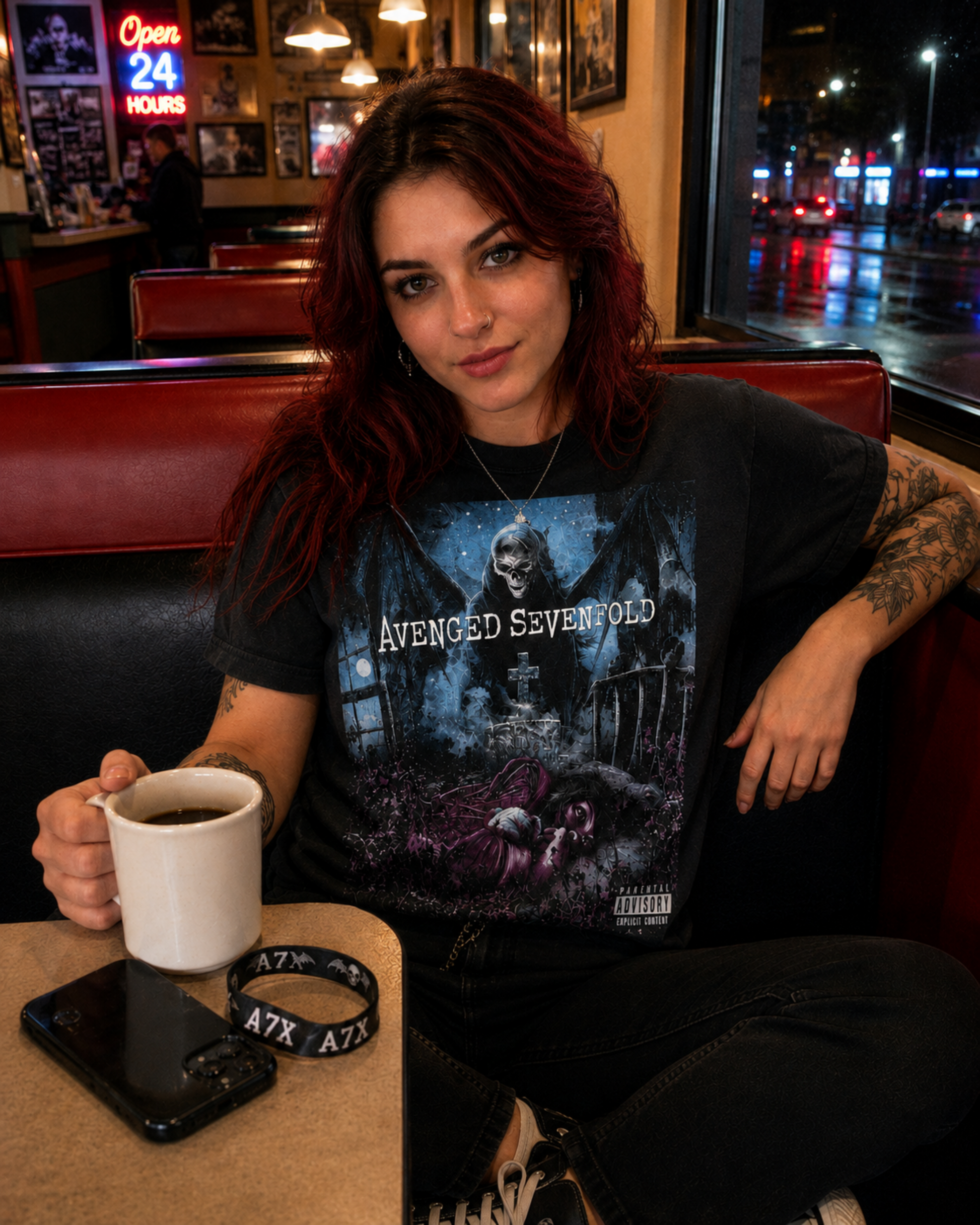 Avenged Sevenfold Nightmare black graphic T-shirt worn in a diner, pairing the dark album artwork with an everyday rock look for Avenged Sevenfold fans.