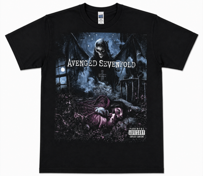 Avenged Sevenfold Nightmare dark metal graphic T-shirt in black featuring the winged reaper, graveyard, and oversized album artwork—a standout A7X shirt for metal fans.