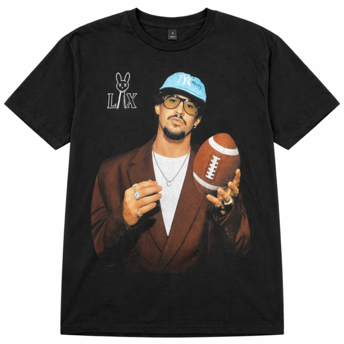 Front view of Bad Bunny LX Football T-shirt featuring artist in brown blazer holding football with LX bunny logo printed in authentic silkscreen detail.