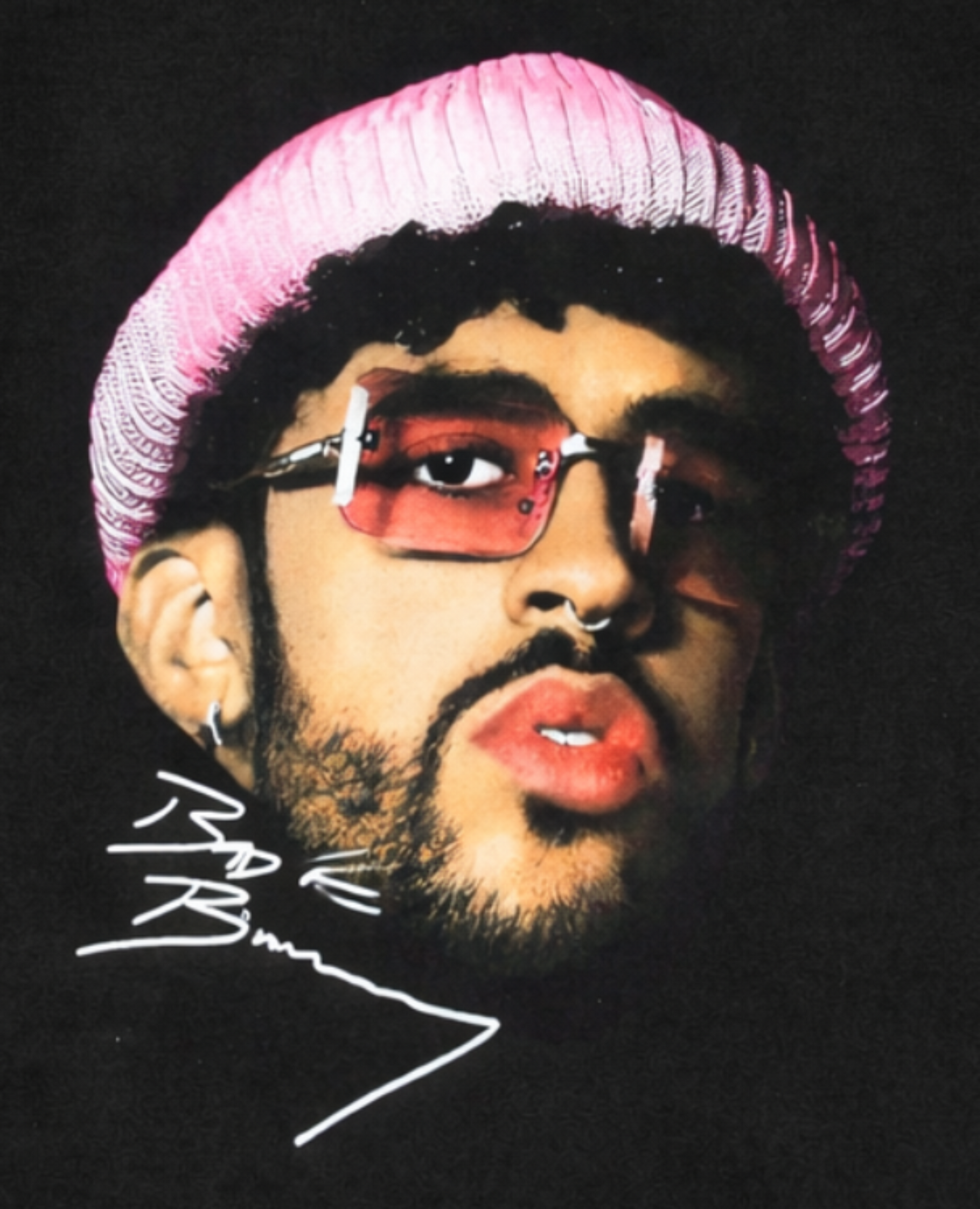 Bad Bunny pink beanie portrait graphic T-shirt with reggaeton artist design unisex sizes S–3XL