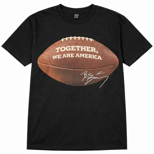 Front view of Bad Bunny Together We Are America T-shirt featuring football graphic with quote and artist signature printed in authentic silkscreen on black cotton tee.