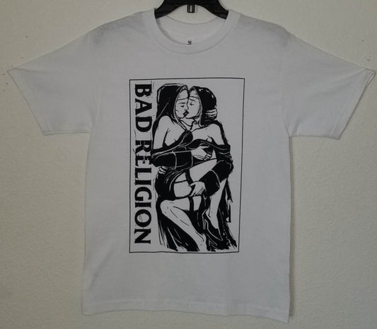 Front view of Bad Religion Nuns Kissing graphic T-shirt featuring black and white illustration printed in authentic silkscreen on white cotton tee