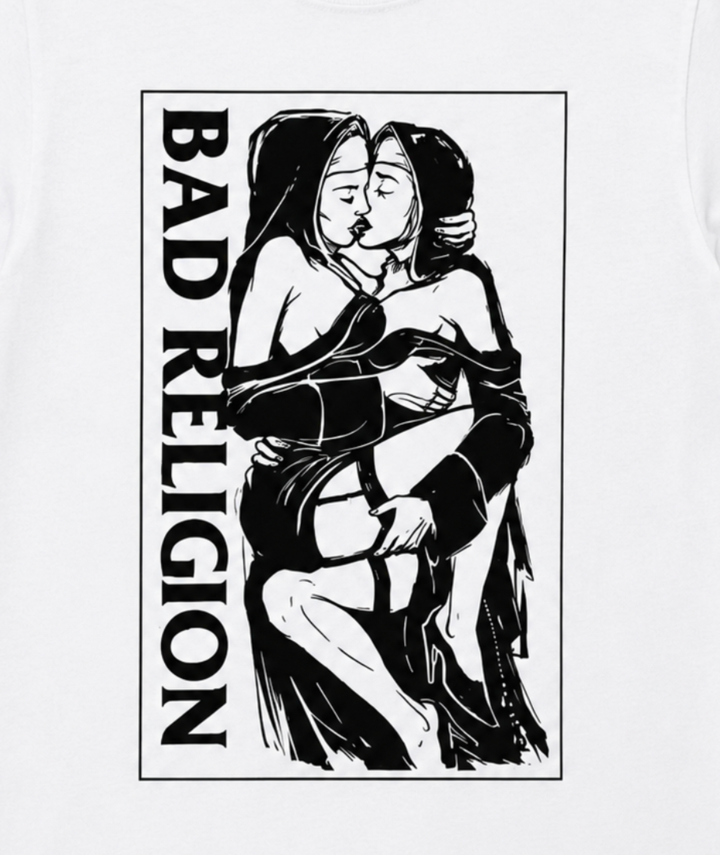 Bad Religion Nuns Kissing punk graphic T-shirt with black and white band artwork unisex sizes S–2XL