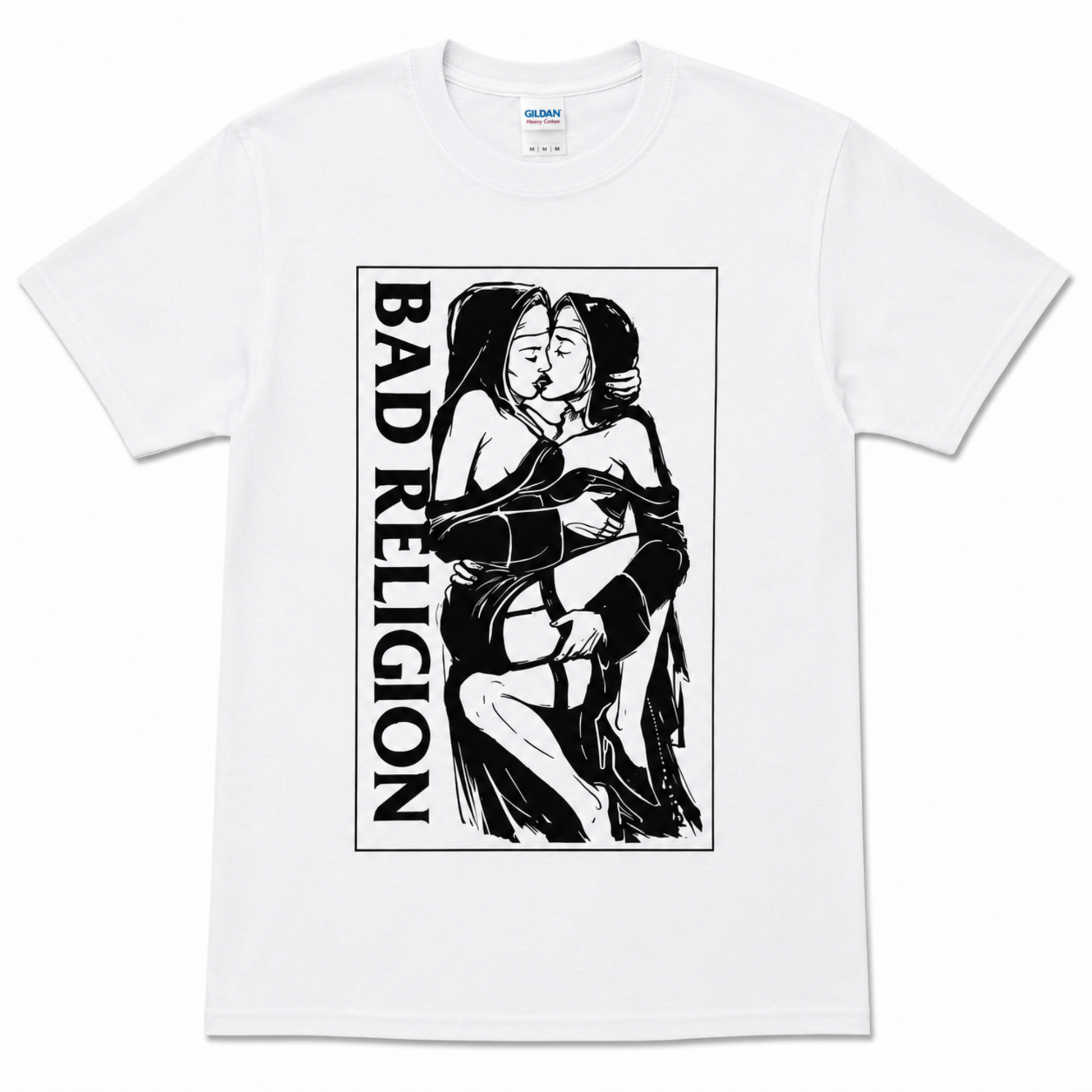 Bad Religion Nuns Kissing punk graphic T-shirt with black and white band artwork unisex sizes S–2XL