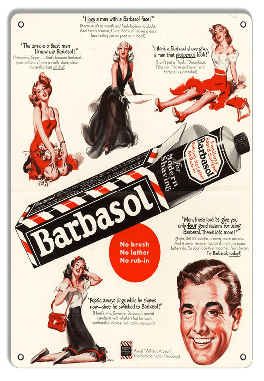 Vintage-style Barbasol Shave Cream advertisement metal sign with classic mid-century artwork and nostalgic retro design.
