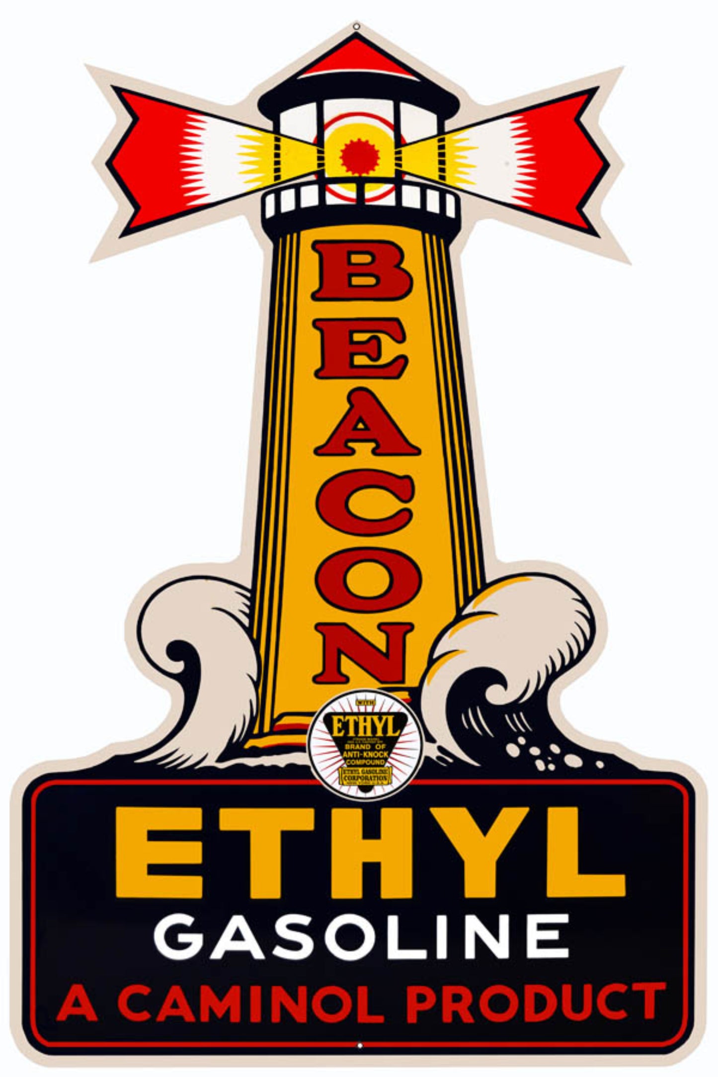 Beacon Ethyl Lighthouse vintage gasoline sign featuring yellow lighthouse design with red lettering and classic Caminol branding.