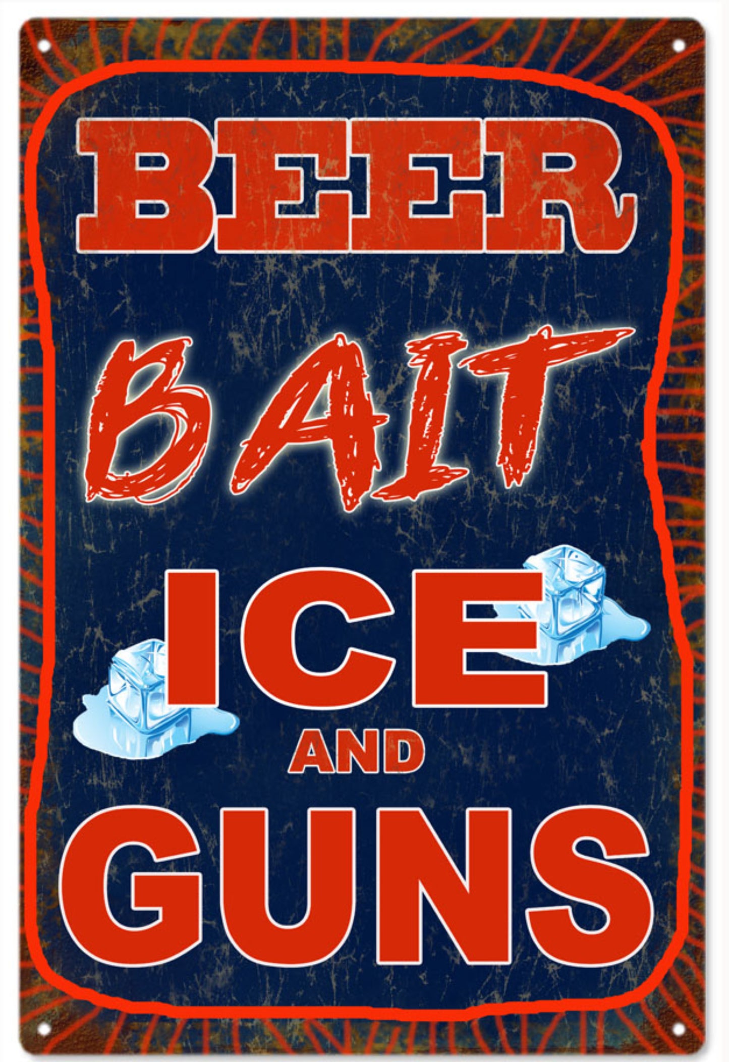 Beer Bait Ice and Guns metal sign with red text and distressed blue background, featuring humorous rustic design for garages or cabins.