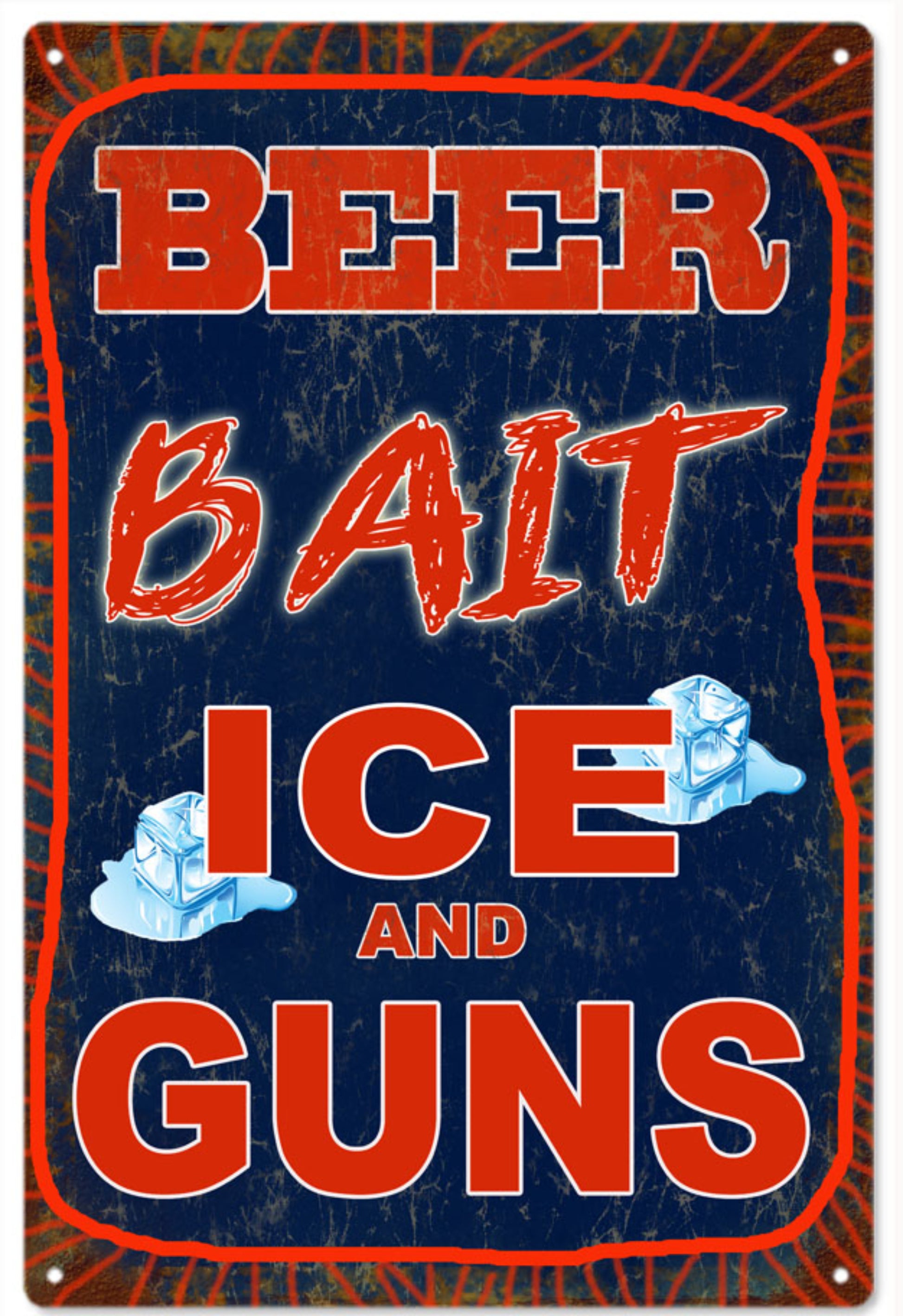 Beer Bait Ice and Guns metal sign with red text and distressed blue background, featuring humorous rustic design for garages or cabins.