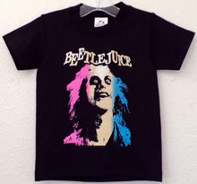 Load image into Gallery viewer, Black youth silkscreen T-shirt featuring Beetlejuice&#39;s face in vibrant pink and blue design, available in sizes XS to XL from JB Accessories05.
