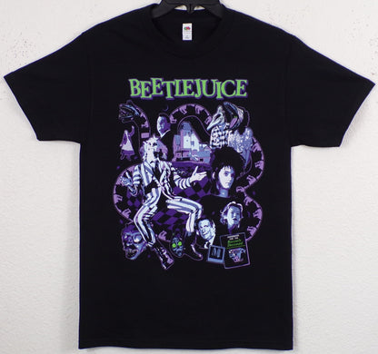 Black “Beetlejuice – Recently Deceased” T-shirt featuring multi-color collage of Beetlejuice, Lydia, Maitlands, and the Handbook for the Recently Deceased.