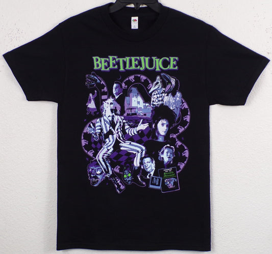 Black “Beetlejuice – Recently Deceased” T-shirt featuring multi-color collage of Beetlejuice, Lydia, Maitlands, and the Handbook for the Recently Deceased.