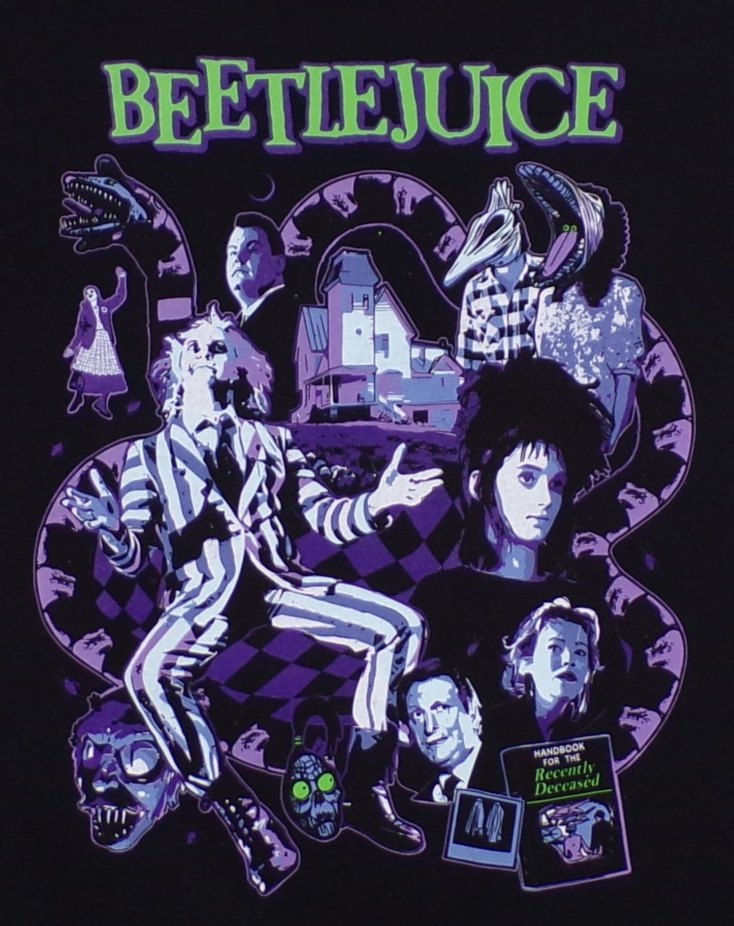 Black “Beetlejuice – Recently Deceased” T-shirt featuring multi-color collage of Beetlejuice, Lydia, Maitlands, and the Handbook for the Recently Deceased.