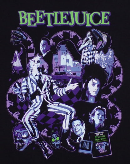 Black “Beetlejuice – Recently Deceased” T-shirt featuring multi-color collage of Beetlejuice, Lydia, Maitlands, and the Handbook for the Recently Deceased.