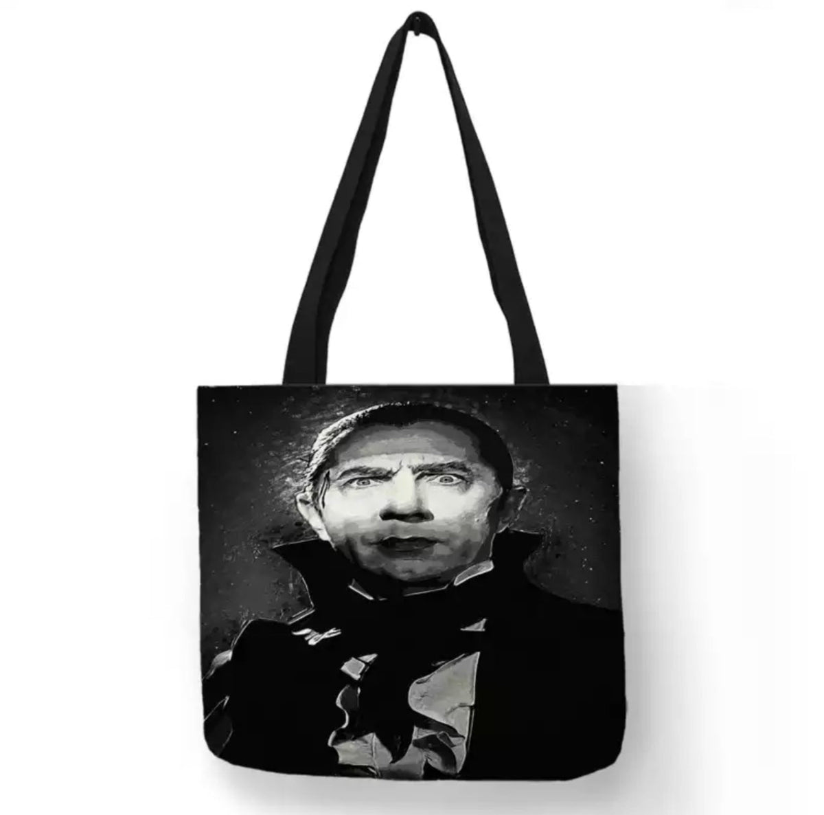 Black double-sided canvas tote bag featuring Bela Lugosi as Count Mora in a vintage black-and-white publicity portrait from the 1935 horror film Mark of the Vampire.