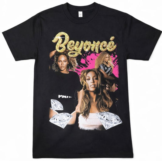 Black “Beyoncé – Diamonds Era” T-shirt featuring gold logo, diamond artwork, and collage of Beyoncé images.