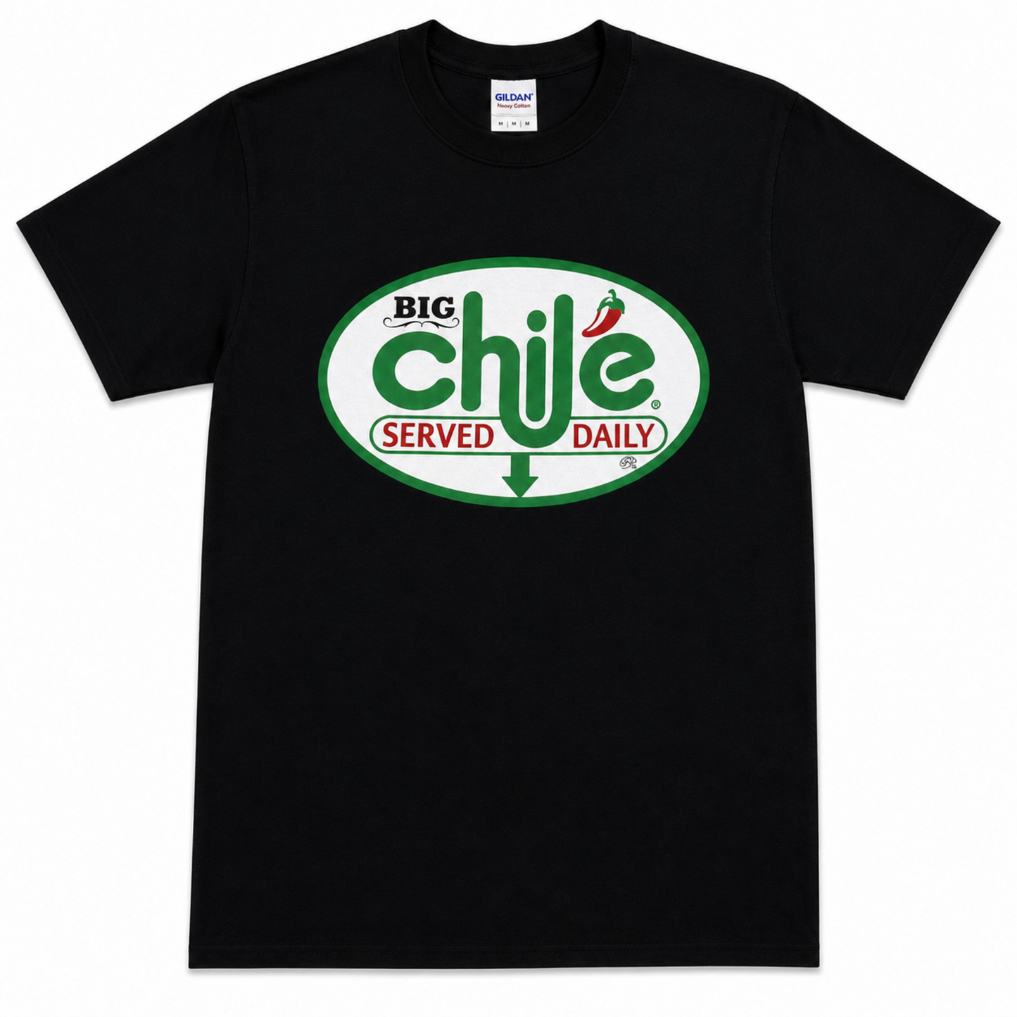 Big Chile Served Daily graphic T-shirt with parody logo and green arrow design unisex sizes S–2XL