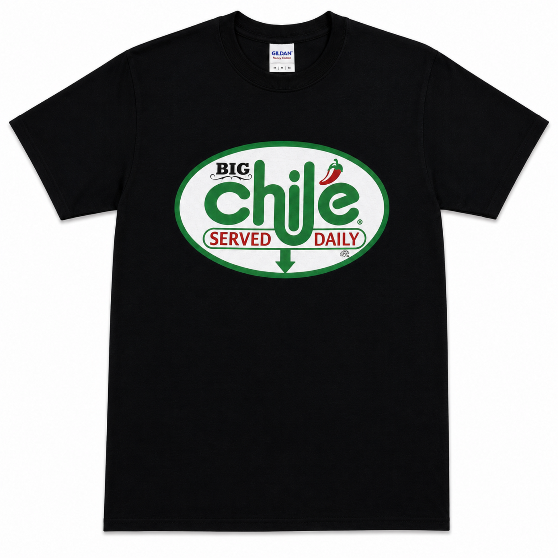 Big Chile Served Daily graphic T-shirt with parody logo and green arrow design unisex sizes S–2XL