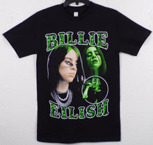 Load image into Gallery viewer, Billie Eilish Neon Shadows black t-shirt with green portrait graphics – unisex small - 3xl
