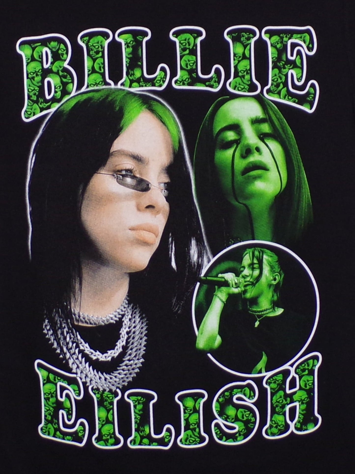 Billie Eilish Neon Shadows black t-shirt with green portrait graphics – unisex small - 3l