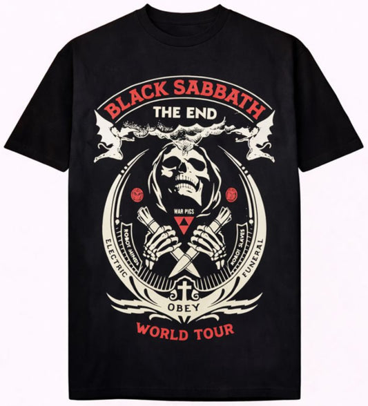Black “Black Sabbath – The End World Tour” T-shirt with red and cream graphic design featuring skull, wings, and gothic lettering.