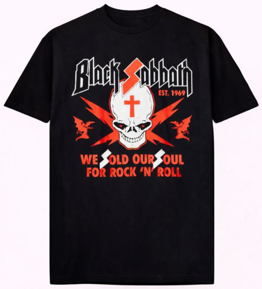 Black Sabbath “We Sold Our Soul for Rock ’N’ Roll” T-shirt featuring skull, cross, and red lightning bolts — adult unisex fit, small to 3XL.