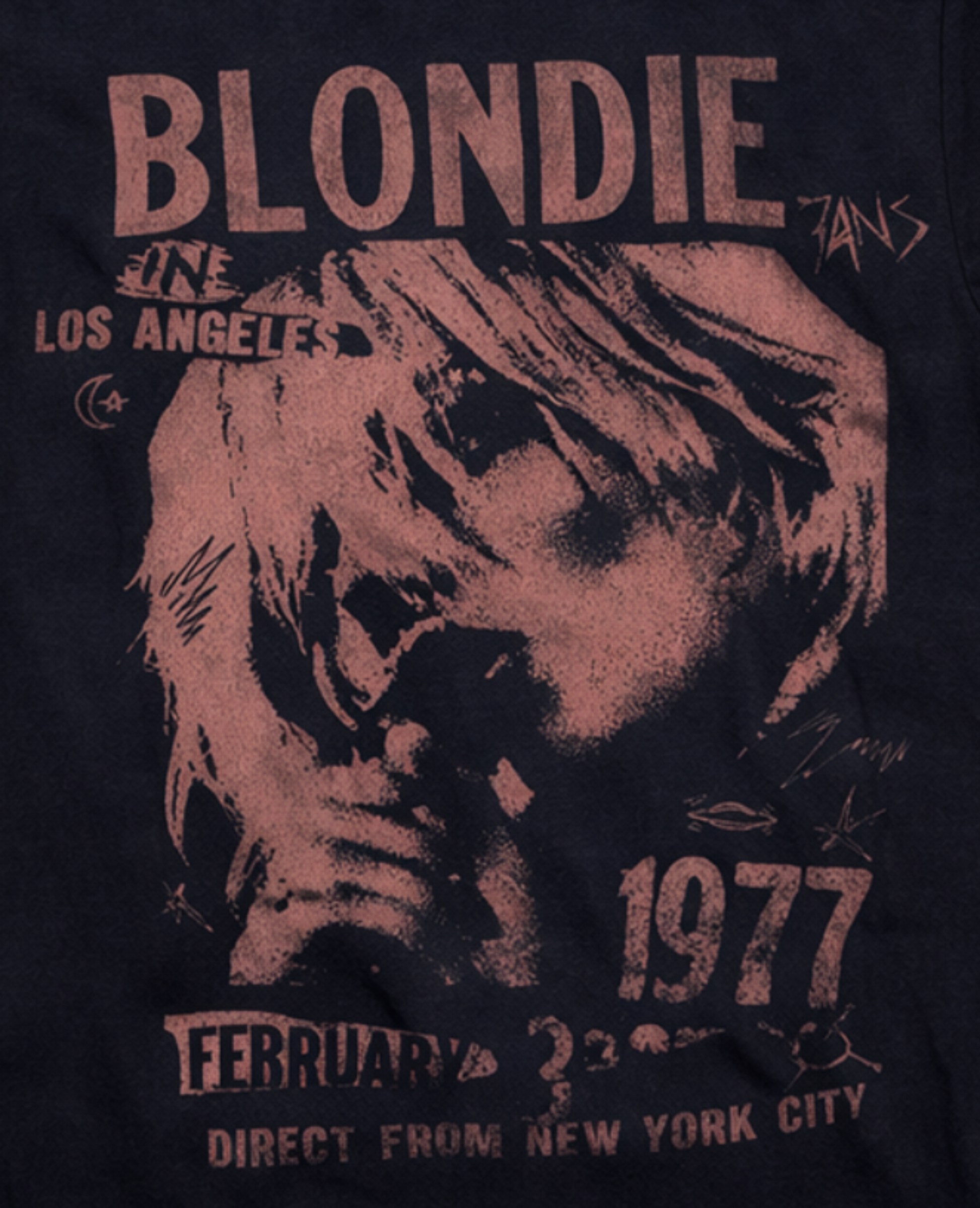 Blondie Los Angeles 1977 graphic T-shirt with vintage Debbie Harry portrait and early tour design unisex sizes S–2XL