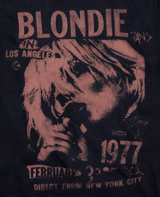 Blondie Los Angeles 1977 graphic T-shirt with vintage Debbie Harry portrait and early tour design unisex sizes S–2XL