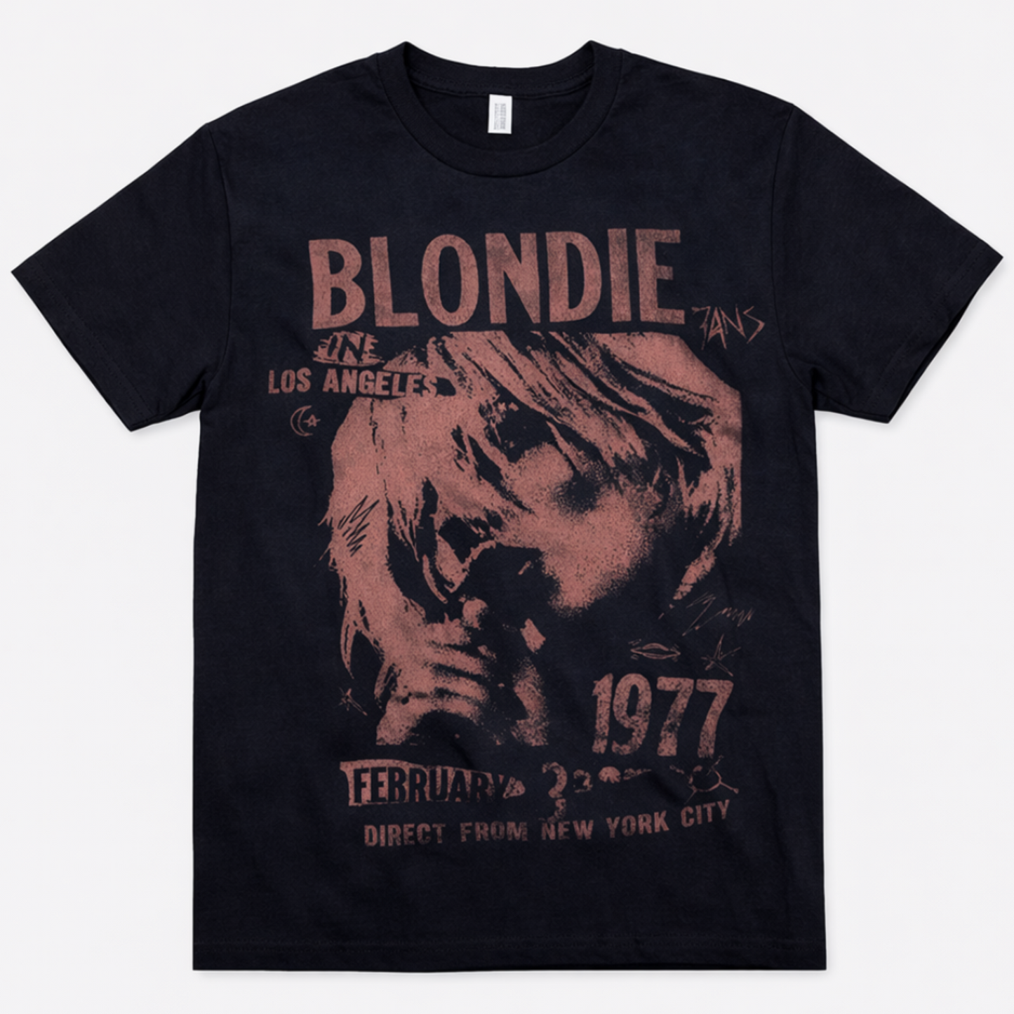 Blondie Los Angeles 1977 graphic T-shirt with vintage Debbie Harry portrait and early tour design unisex sizes S–2XL