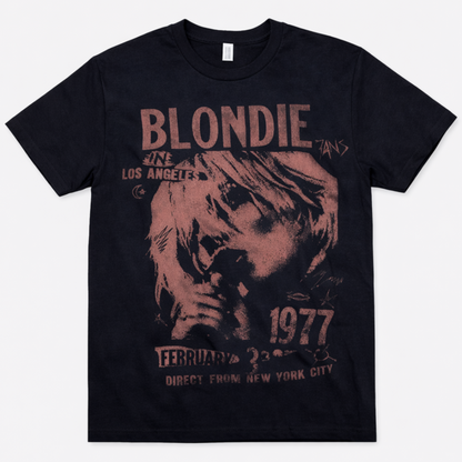 Blondie Los Angeles 1977 graphic T-shirt with vintage Debbie Harry portrait and early tour design unisex sizes S–2XL