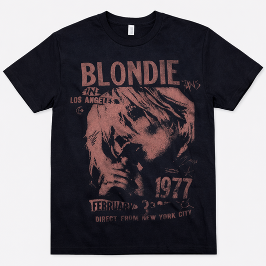 Blondie Los Angeles 1977 graphic T-shirt with vintage Debbie Harry portrait and early tour design unisex sizes S–2XL